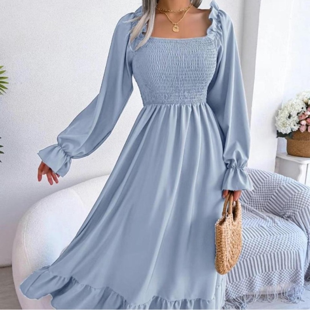 Women’s Solid Long Sleeve Square Neck Ruffle Hem A Line Dress